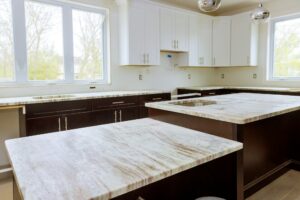 Home improvement and interior design new white kitchen renovation installing cabinets and counter